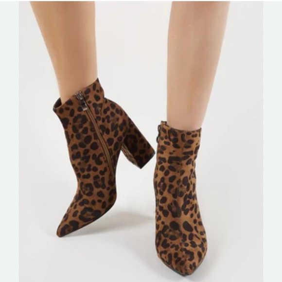 Public Desire Empire Pointed Ankle Boots Brown Black Leopard Western Print Sz 6 - Picture 1 of 9